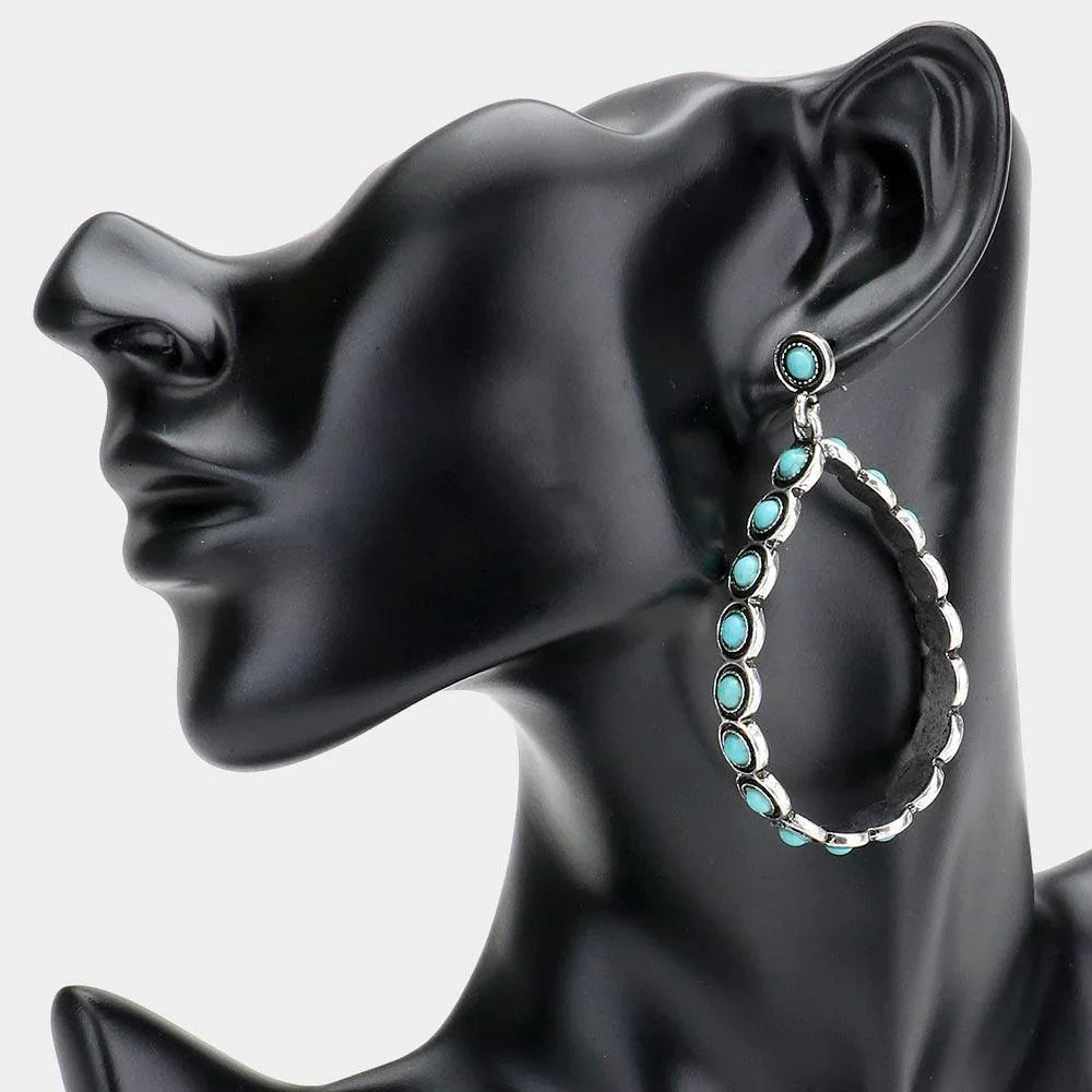 Turquoise Colorful Bead Accented Antique Open Metal Teardrop Dangle Earrings - Jewelry Store by Erik Rayo