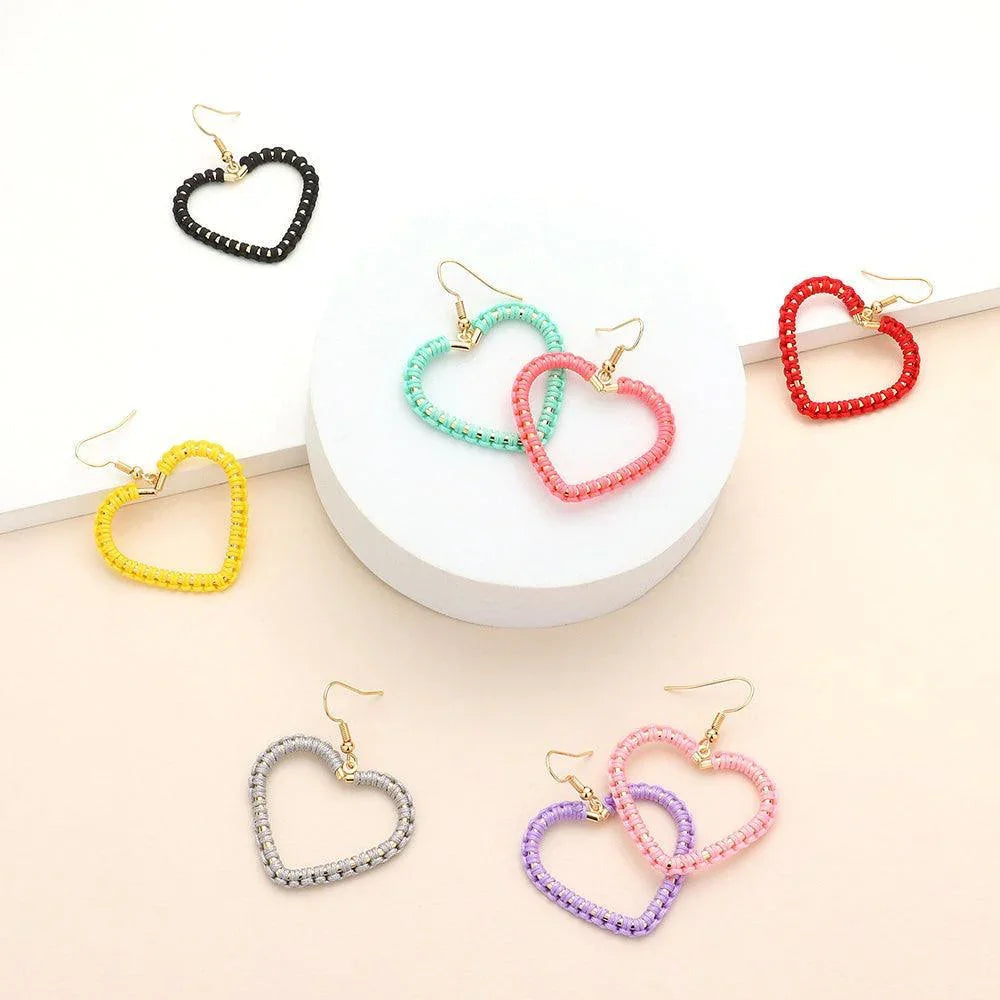 Yellow Woven Thread Open Metal Heart Dangle Earrings - Jewelry Store by Erik Rayo