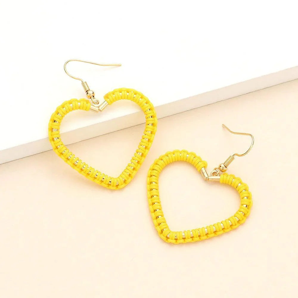 Yellow Woven Thread Open Metal Heart Dangle Earrings - Jewelry Store by Erik Rayo