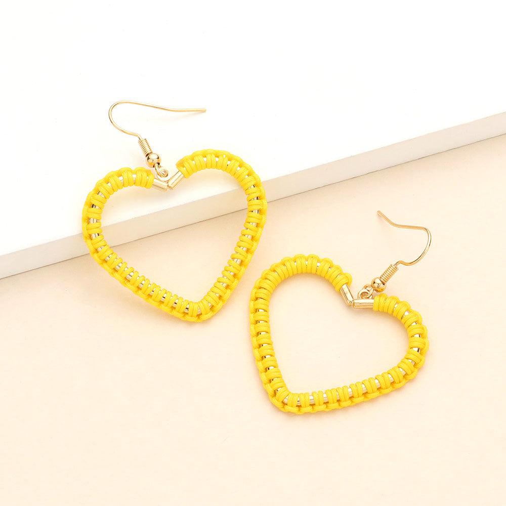 Yellow Woven Thread Open Metal Heart Dangle Earrings