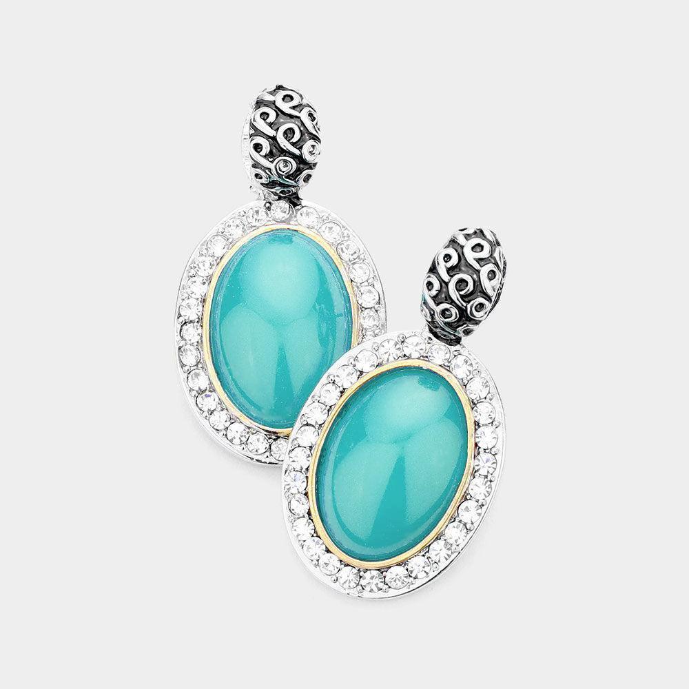 Turquoise Rhinestone Trim Oval Stone Dangle Earrings - Jewelry Store by Erik Rayo