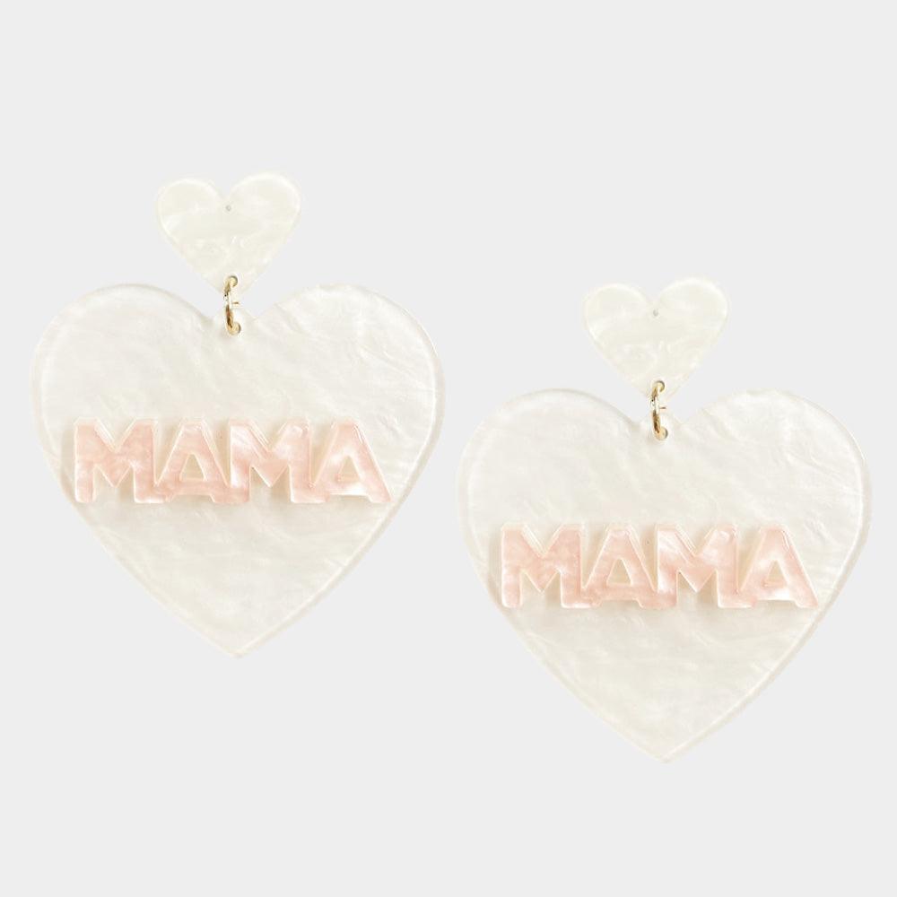 White MAMA Message Celluloid Acetate Double Heart Link Dangle Earrings