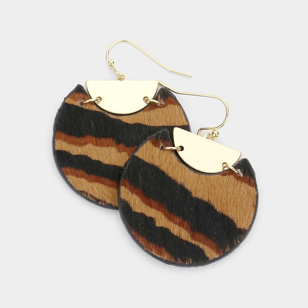 Brown Tiger Patterned Round Dangle Earrings - Jewelry Store by Erik Rayo