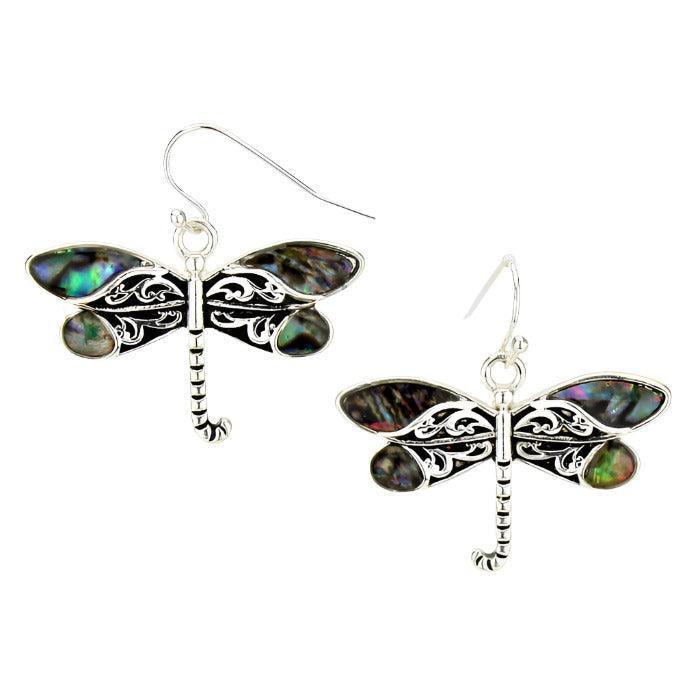 Silver Abalone Vine Filigree Dragonfly Drop Earrings - Jewelry Store by Erik Rayo