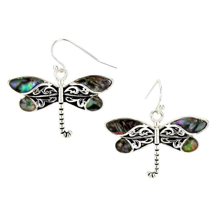 Silver Abalone Vine Filigree Dragonfly Drop Earrings