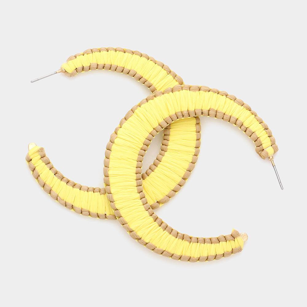 Yellow Woven Raffia Hoop Earrings