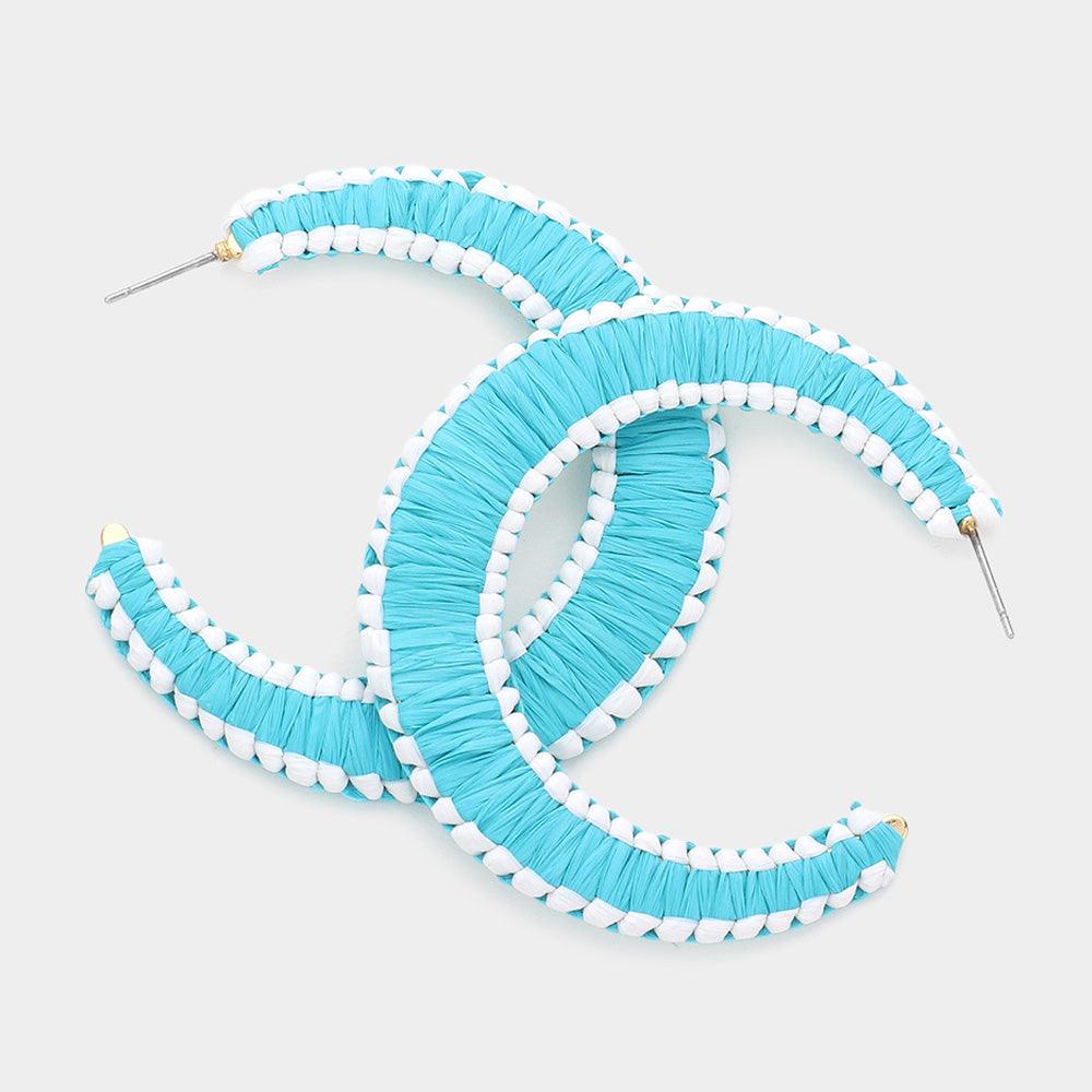 Turquoise Woven Raffia Hoop Earrings