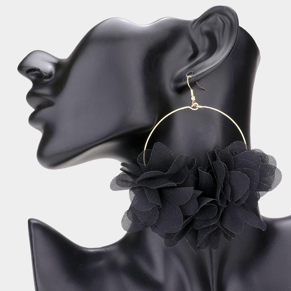 Black Floral Fabric Cluster Open Metal Circle Dangle Earrings - Jewelry Store by Erik Rayo