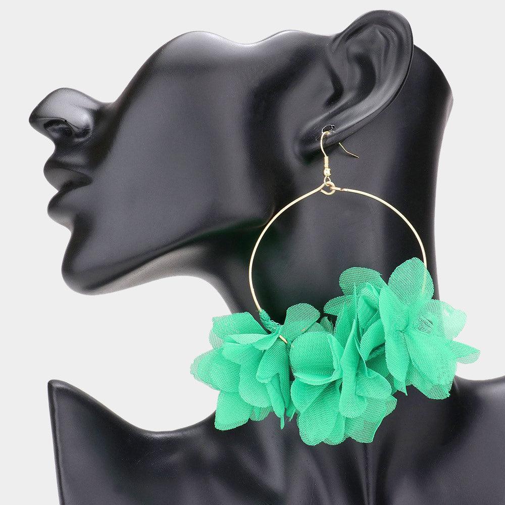 Green Floral Fabric Cluster Open Metal Circle Dangle Earrings - Jewelry Store by Erik Rayo