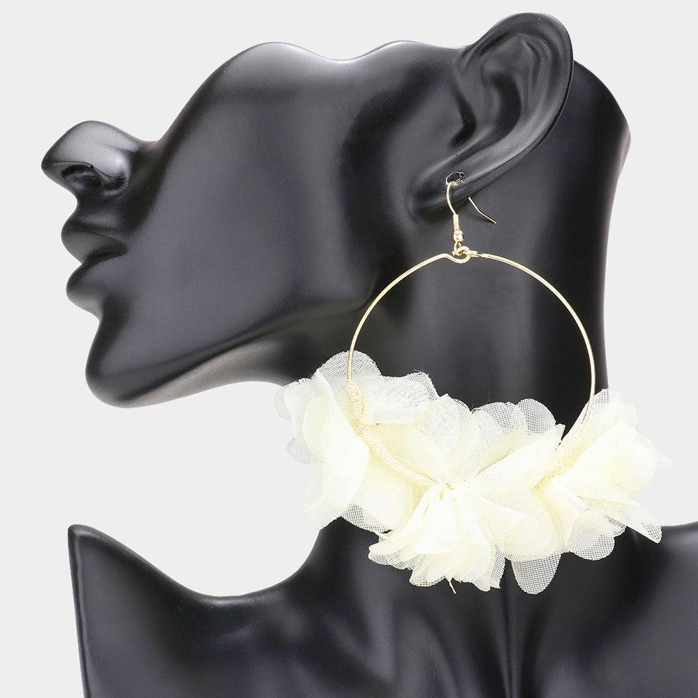 Ivory Floral Fabric Cluster Open Metal Circle Dangle Earrings - Jewelry Store by Erik Rayo