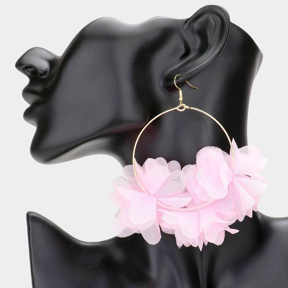 Pink Floral Fabric Cluster Open Metal Circle Dangle Earrings - Jewelry Store by Erik Rayo