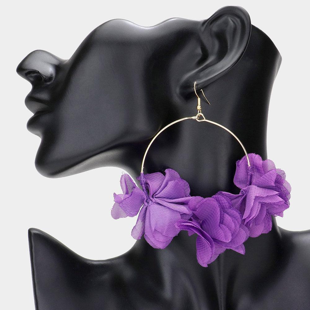 Lavender Floral Fabric Cluster Open Metal Circle Dangle Earrings - Jewelry Store by Erik Rayo