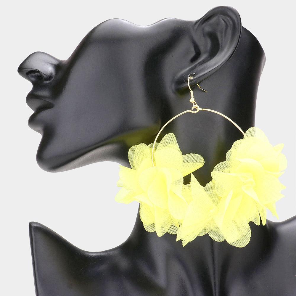 Yellow Floral Fabric Cluster Open Metal Circle Dangle Earrings - Jewelry Store by Erik Rayo
