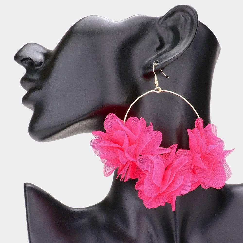 Pink Floral Fabric Cluster Open Metal Circle Dangle Earrings - Jewelry Store by Erik Rayo