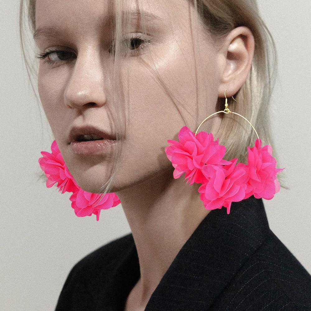 Pink Floral Fabric Cluster Open Metal Circle Dangle Earrings - Jewelry Store by Erik Rayo