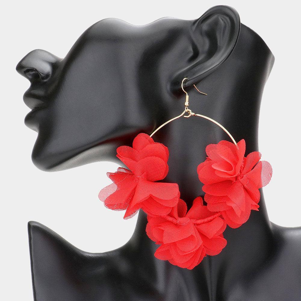 Red Floral Fabric Cluster Open Metal Circle Dangle Earrings - Jewelry Store by Erik Rayo