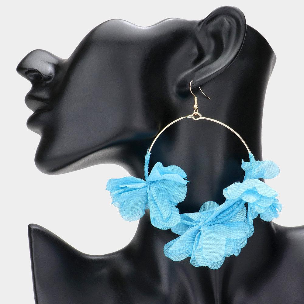 Turquoise Floral Fabric Cluster Open Metal Circle Dangle Earrings