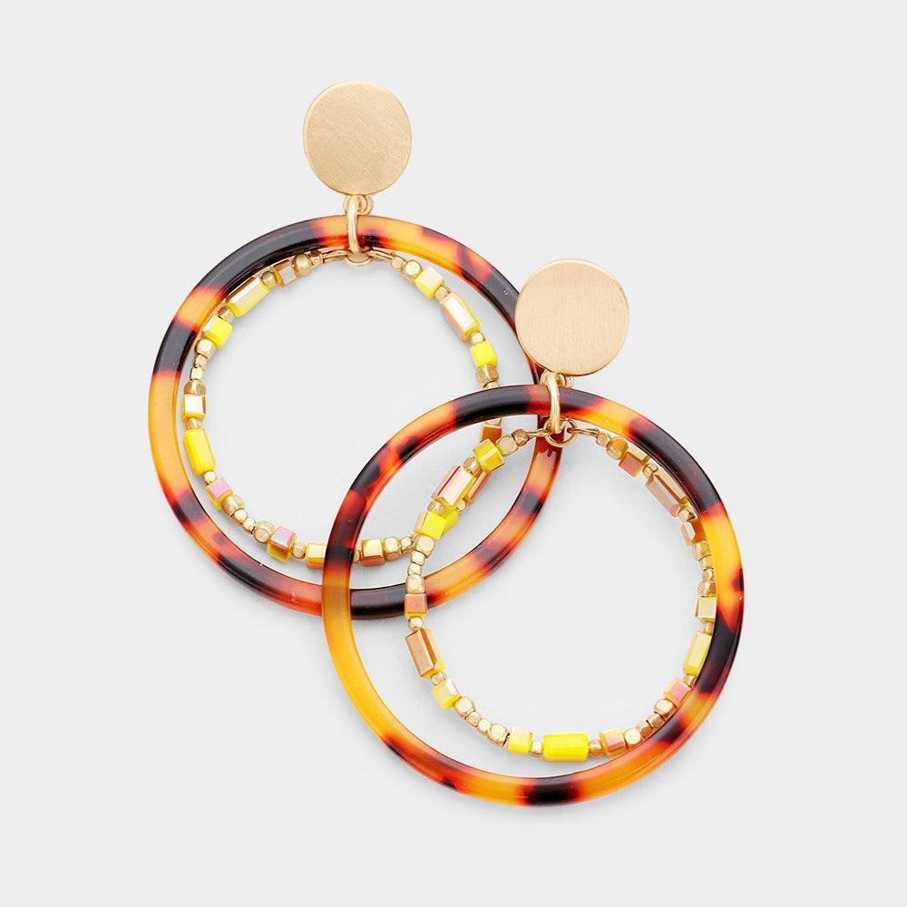 Mustard Celluloid Acetate Open Circle Beaded Earrings - Jewelry Store by Erik Rayo