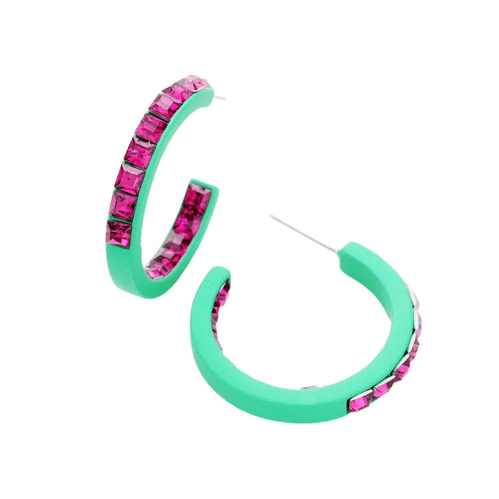 Green Square Rhinestone Stone Accented Hoop Earrings - Jewelry Store by Erik Rayo