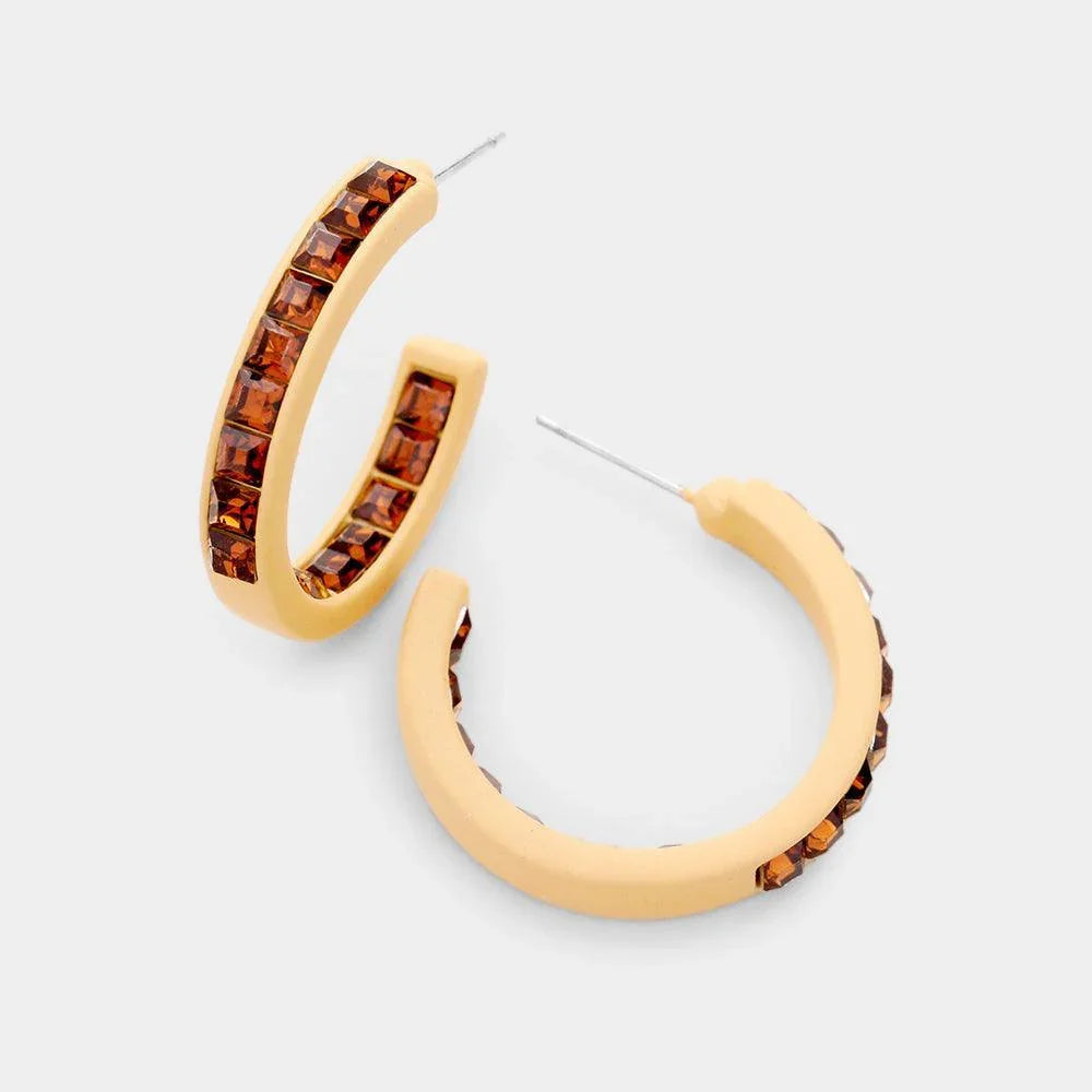 Beige Square Rhinestone Stone Accented Hoop Earrings - Jewelry Store by Erik Rayo
