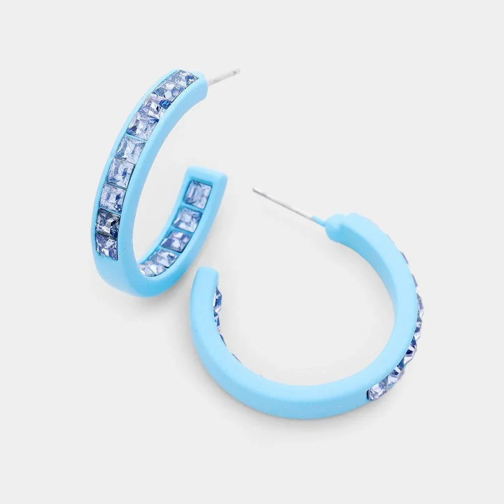 Blue Square Rhinestone Stone Accented Hoop Earrings - Jewelry Store by Erik Rayo