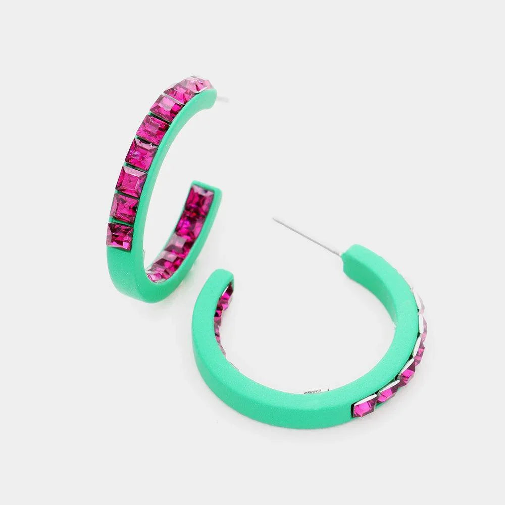 Green Square Rhinestone Stone Accented Hoop Earrings - Jewelry Store by Erik Rayo