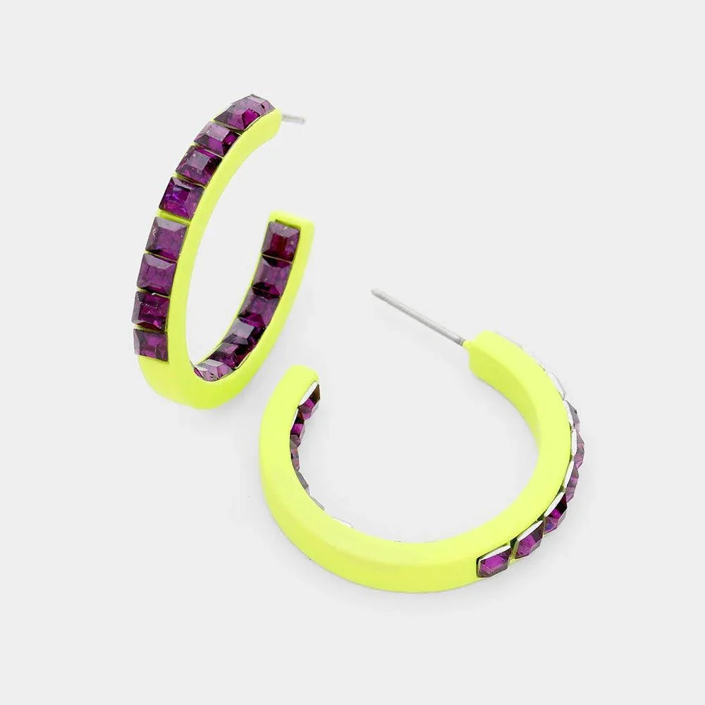 Amethyst Square Rhinestone Stone Accented Hoop Earrings - Jewelry Store by Erik Rayo