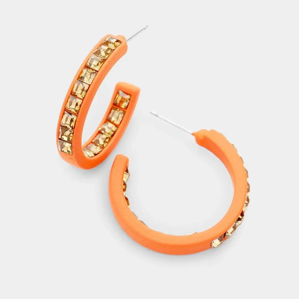 Orange Square Rhinestone Stone Accented Hoop Earrings - Jewelry Store by Erik Rayo