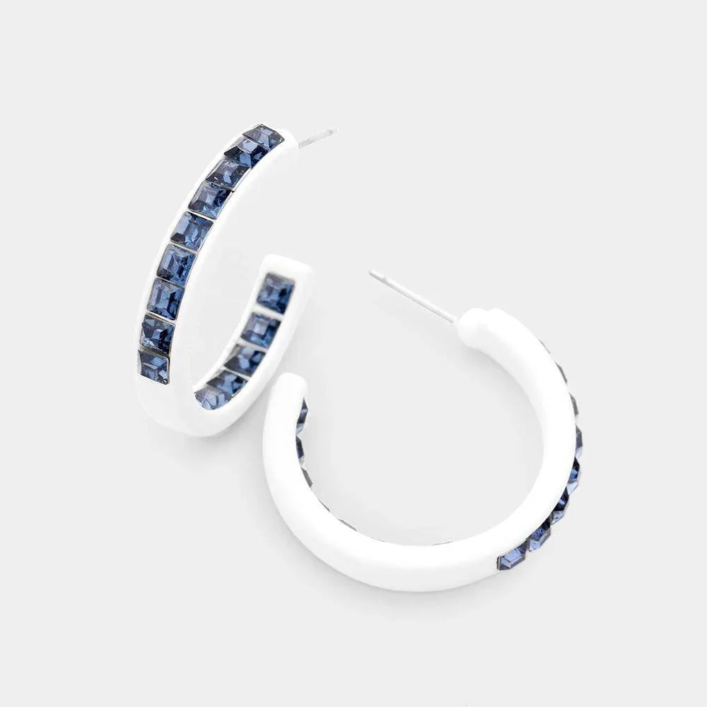 Blue Square Rhinestone Stone Accented Hoop Earrings - Jewelry Store by Erik Rayo