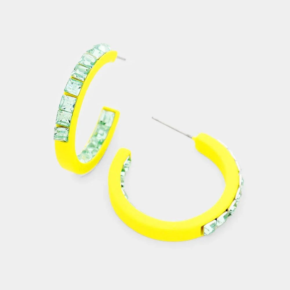 Yellow Square Rhinestone Stone Accented Hoop Earrings - Jewelry Store by Erik Rayo