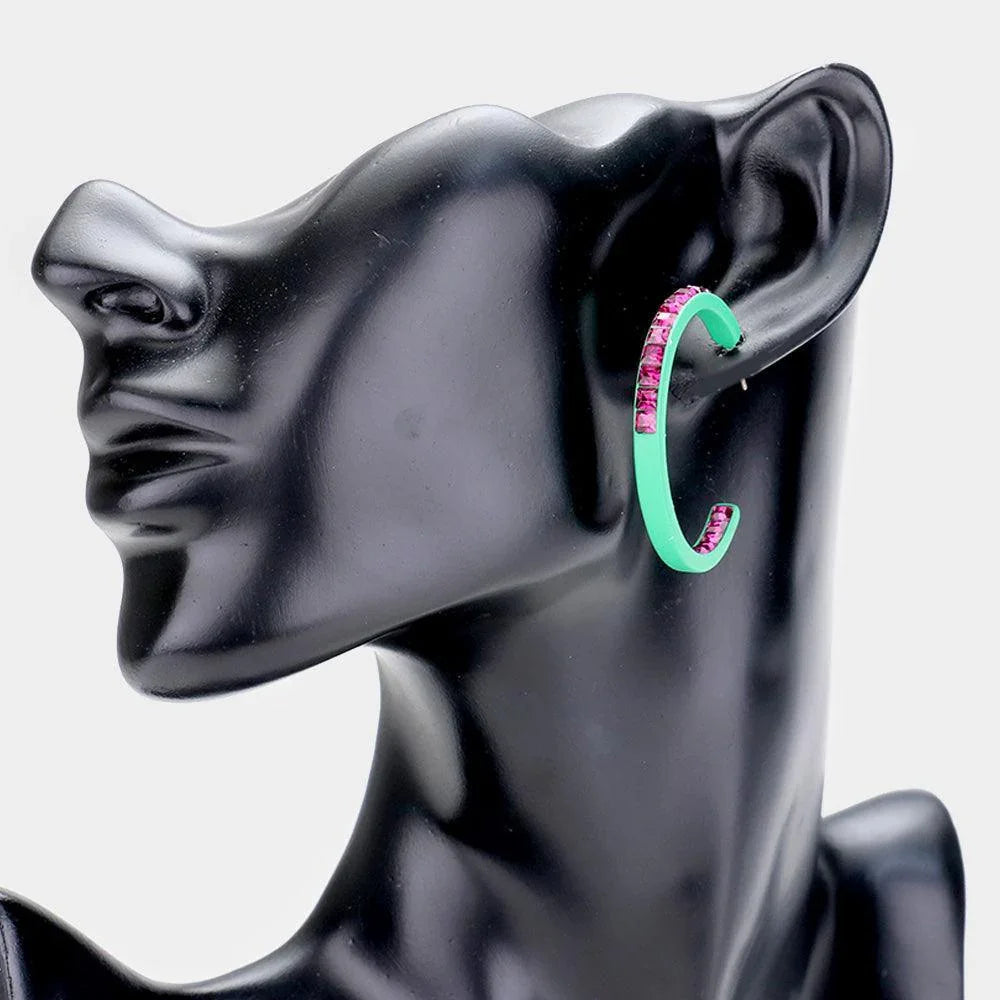 Green Square Rhinestone Stone Accented Hoop Earrings - Jewelry Store by Erik Rayo