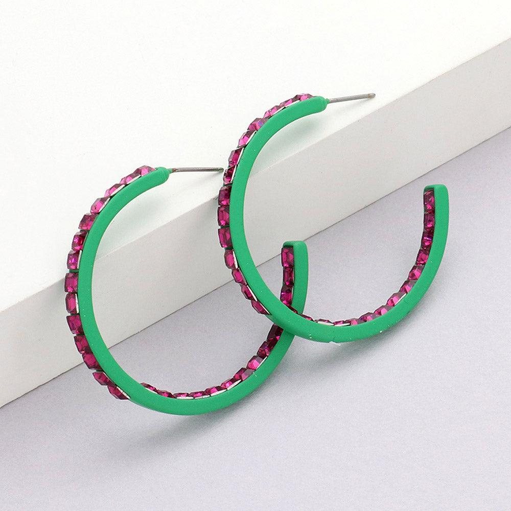 Green Square Rhinestone Stone Accented Hoop Earrings - Jewelry Store by Erik Rayo