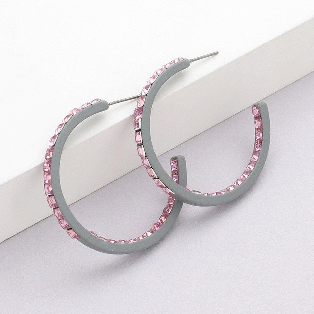 Gray Square Rhinestone Stone Accented Hoop Earrings - Jewelry Store by Erik Rayo