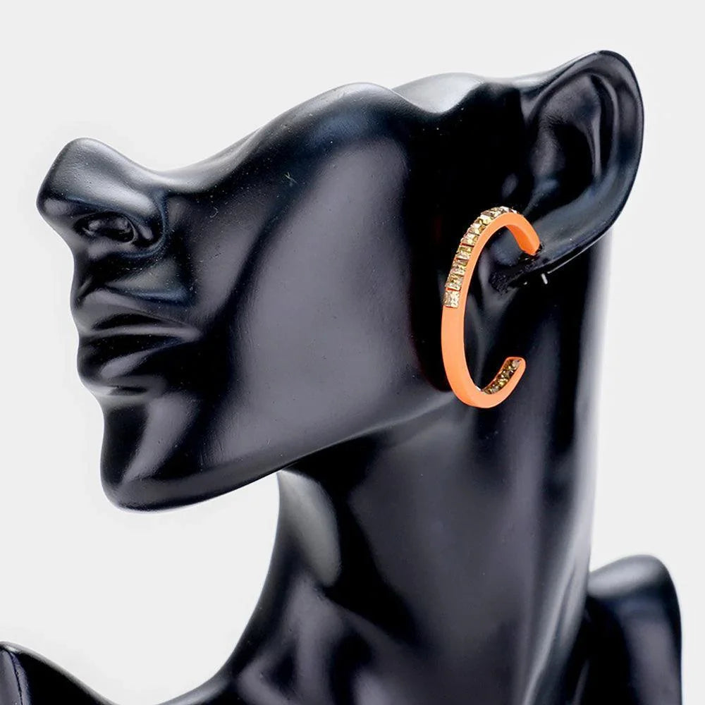 Orange Square Rhinestone Stone Accented Hoop Earrings - Jewelry Store by Erik Rayo