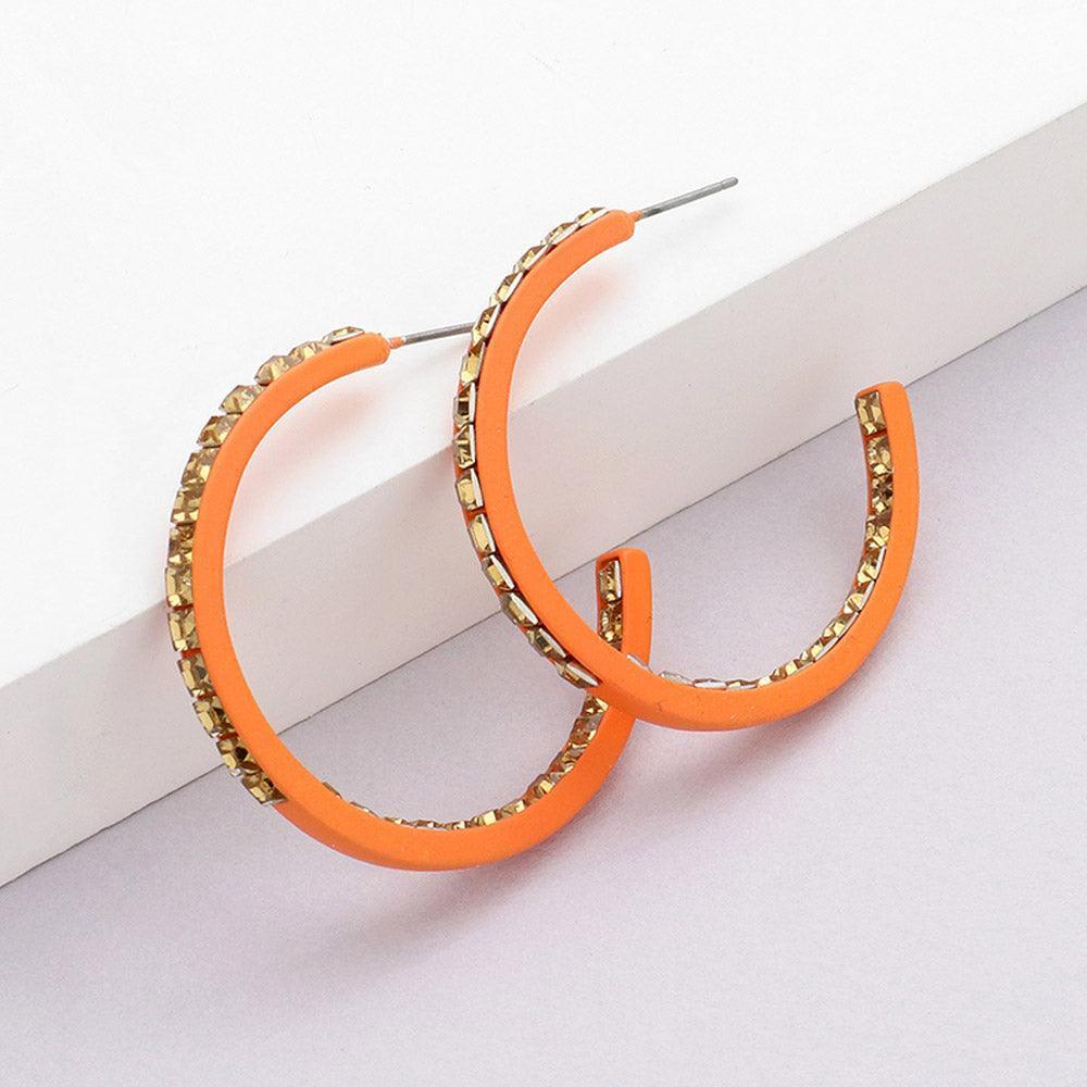 Orange Square Rhinestone Stone Accented Hoop Earrings - Jewelry Store by Erik Rayo