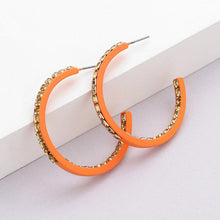 Load image into Gallery viewer, Orange Square Rhinestone Stone Accented Hoop Earrings
