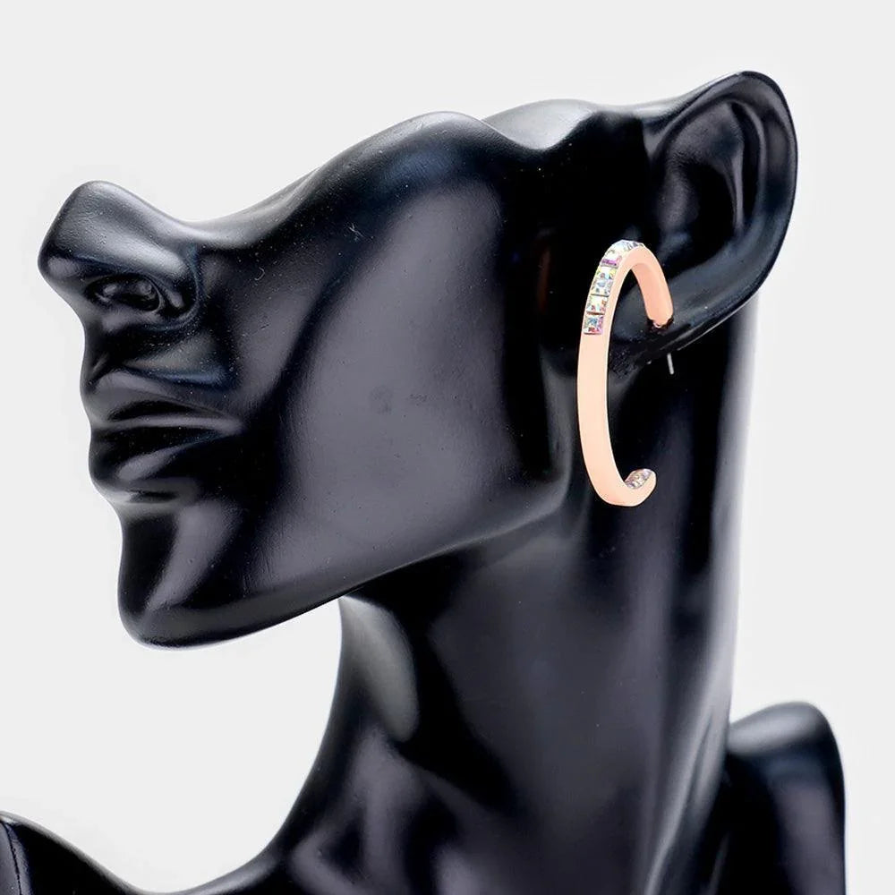 Peach Square Rhinestone Stone Accented Hoop Earrings - Jewelry Store by Erik Rayo