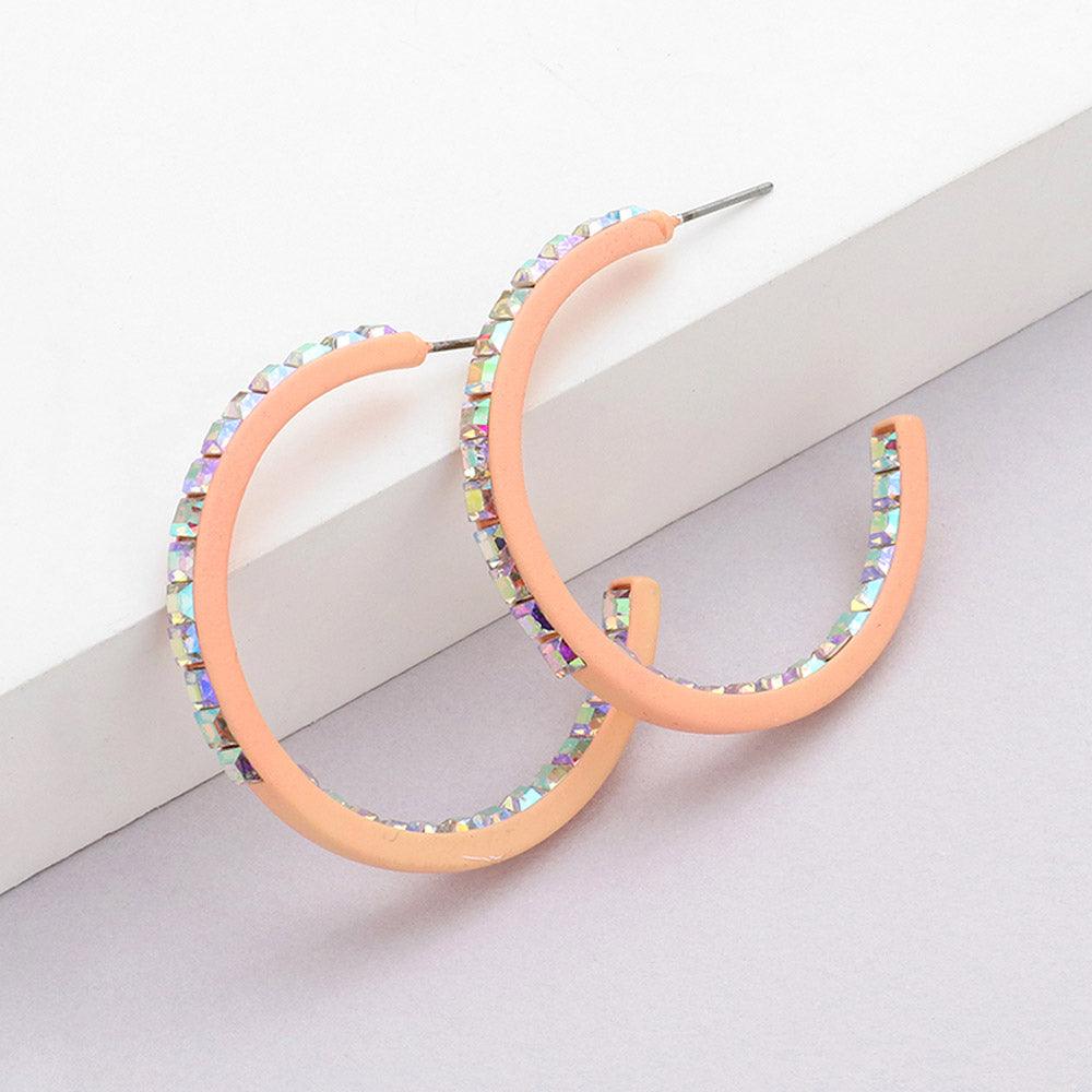 Peach Square Rhinestone Stone Accented Hoop Earrings