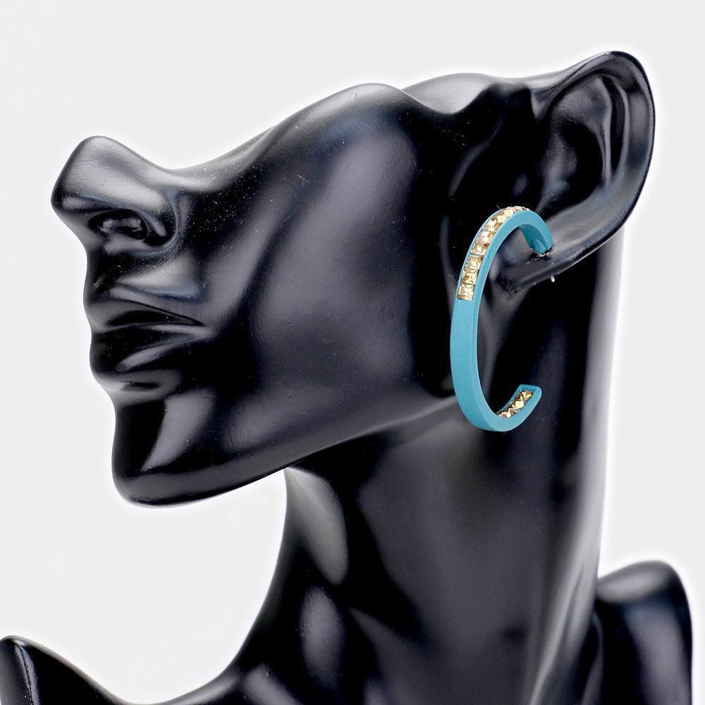 Turquoise Square Rhinestone Stone Accented Hoop Earrings - Jewelry Store by Erik Rayo