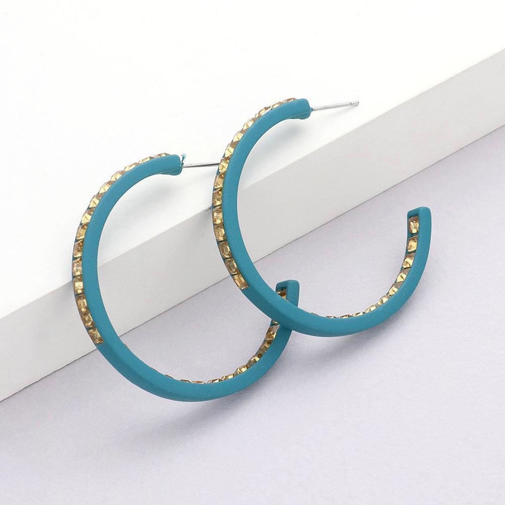 Turquoise Square Rhinestone Stone Accented Hoop Earrings - Jewelry Store by Erik Rayo