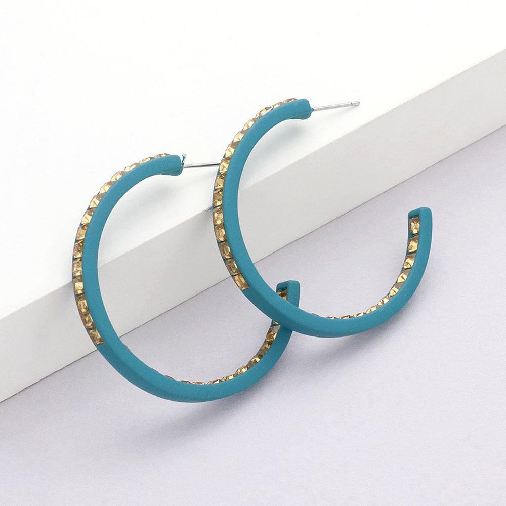 Turquoise Square Rhinestone Stone Accented Hoop Earrings