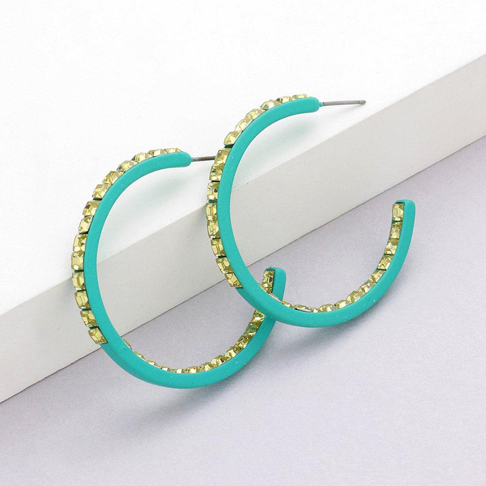 Yellow Square Rhinestone Stone Accented Hoop Earrings