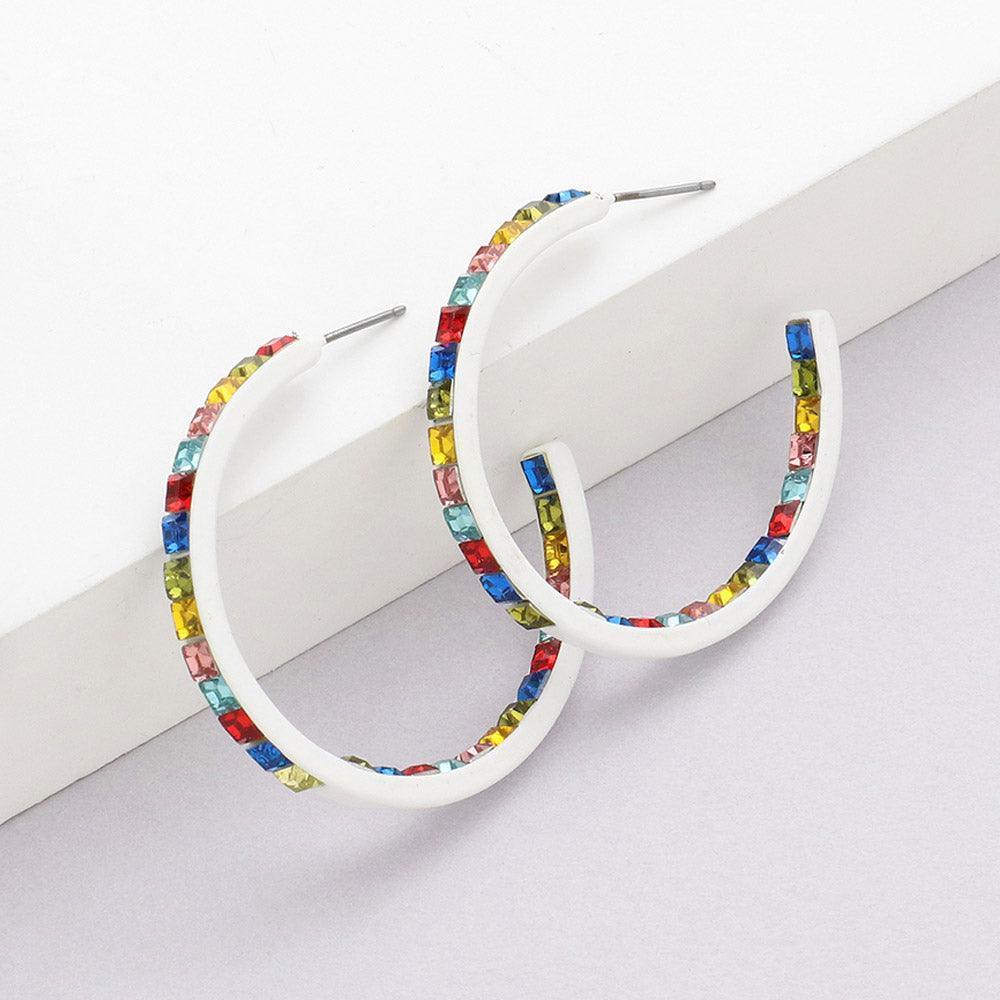 White Square Rhinestone Stone Accented Hoop Earrings - Jewelry Store by Erik Rayo