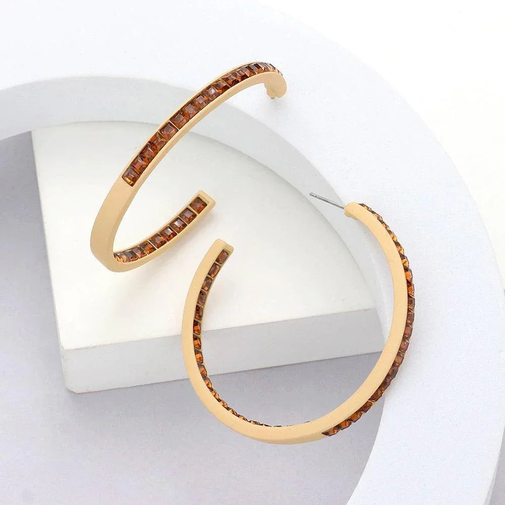 Beige Square Stone Embellished Hoop Earrings - Jewelry Store by Erik Rayo
