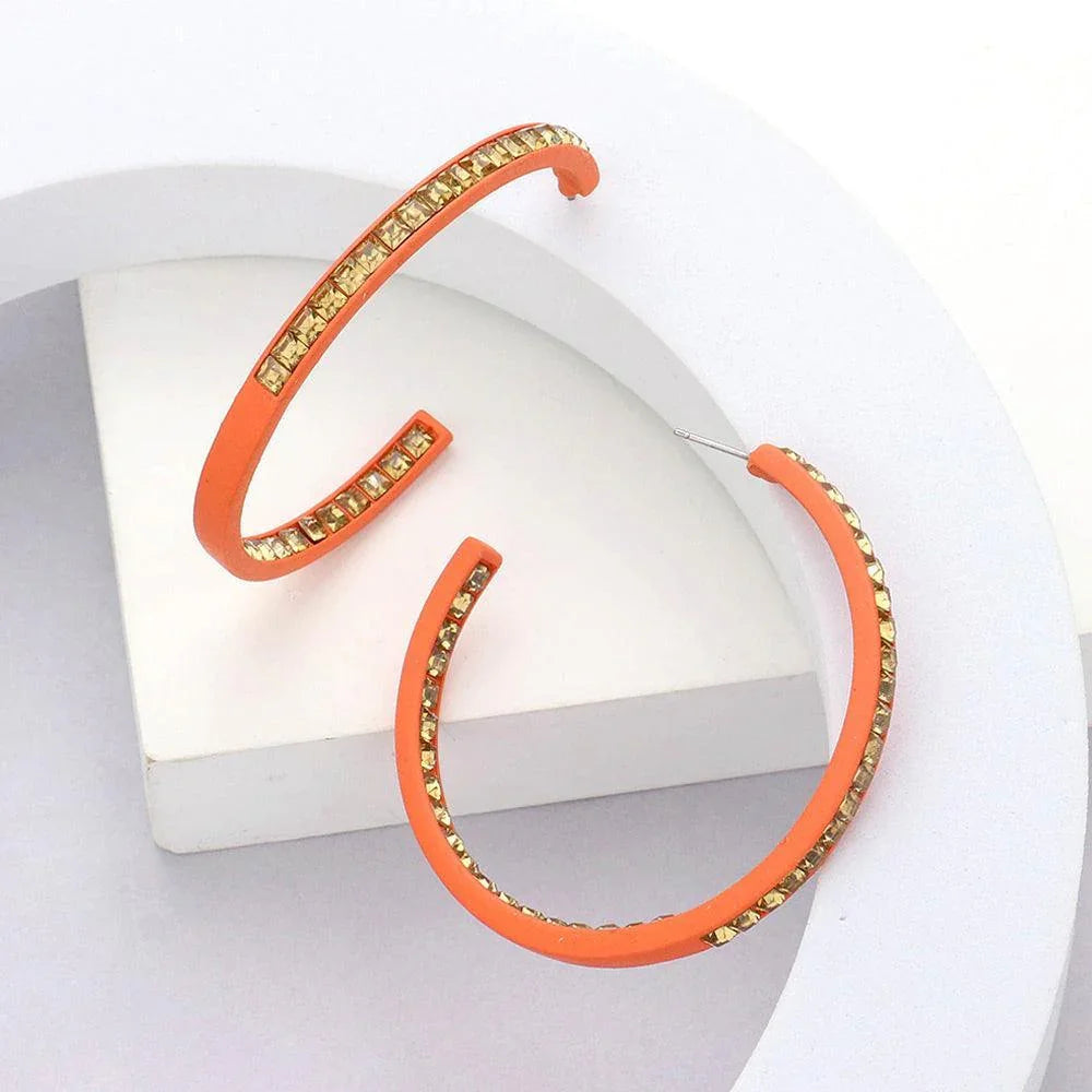 Orange Square Stone Embellished Hoop Earrings - Jewelry Store by Erik Rayo
