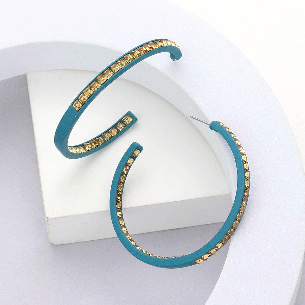 Turquoise Square Stone Embellished Hoop Earrings