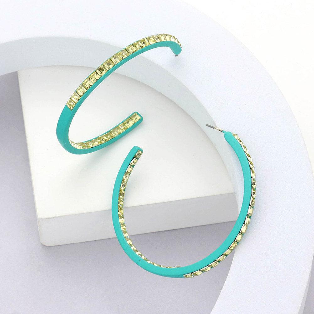 Turquoise Square Stone Embellished Hoop Earrings