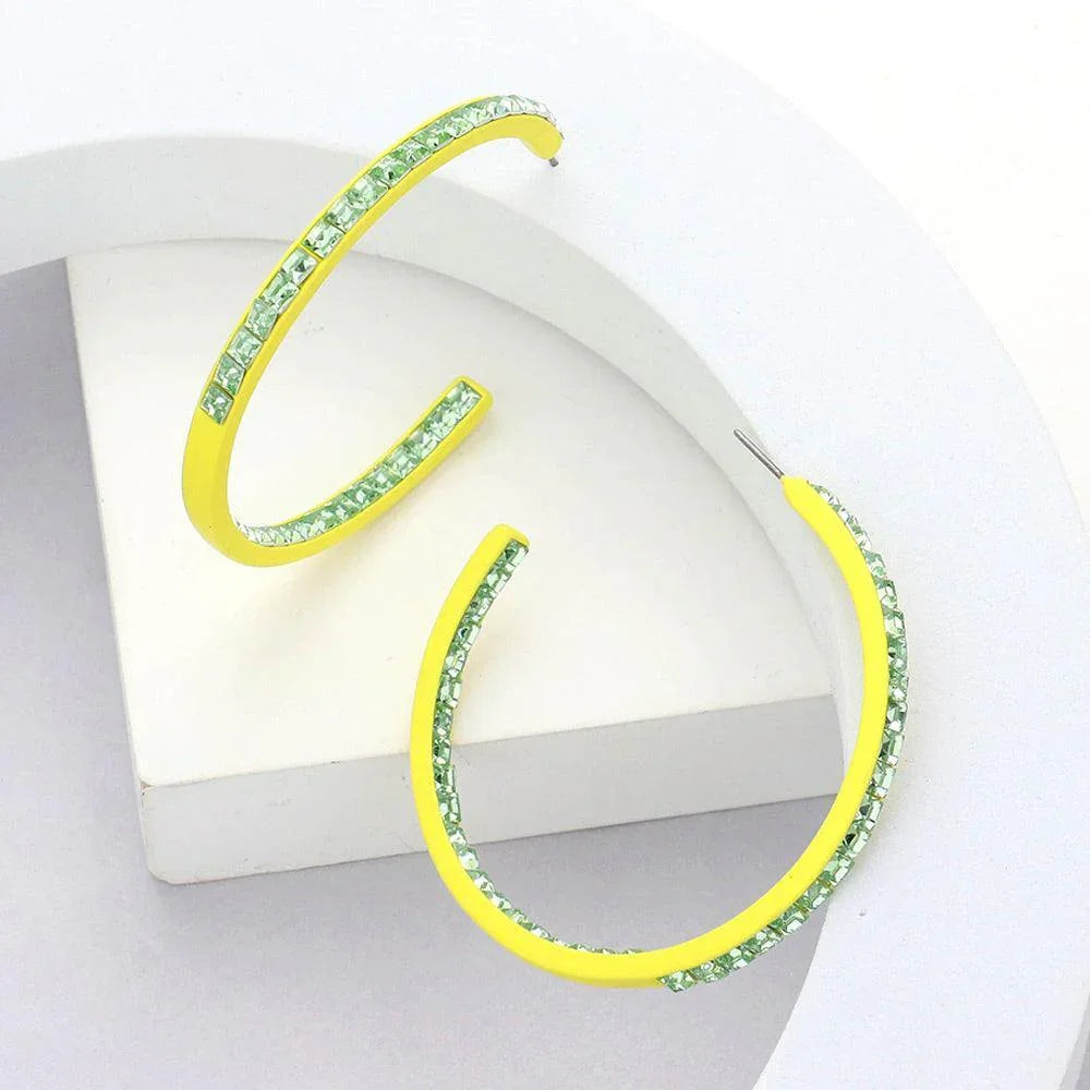 Yellow Square Stone Embellished Hoop Earrings - Jewelry Store by Erik Rayo