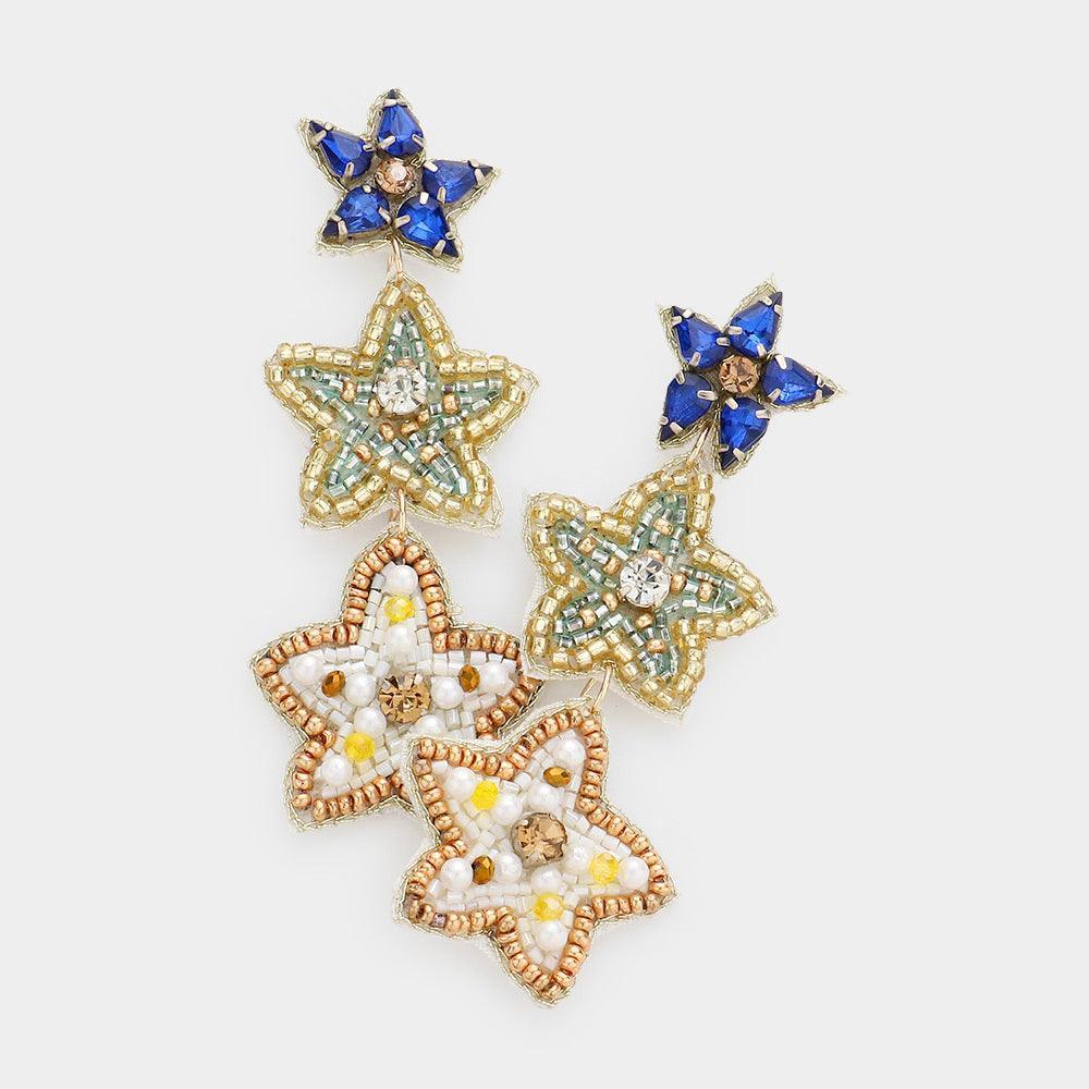 Felt Back Stone Beaded Triple Star Link Dangle Earrings - Jewelry Store by Erik Rayo