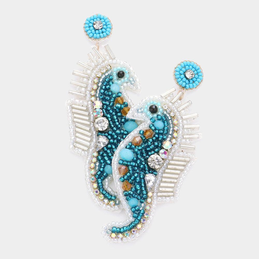 Aqua Felt Back Stone Seed Beaded Seahorse Dangle Earrings - Jewelry Store by Erik Rayo